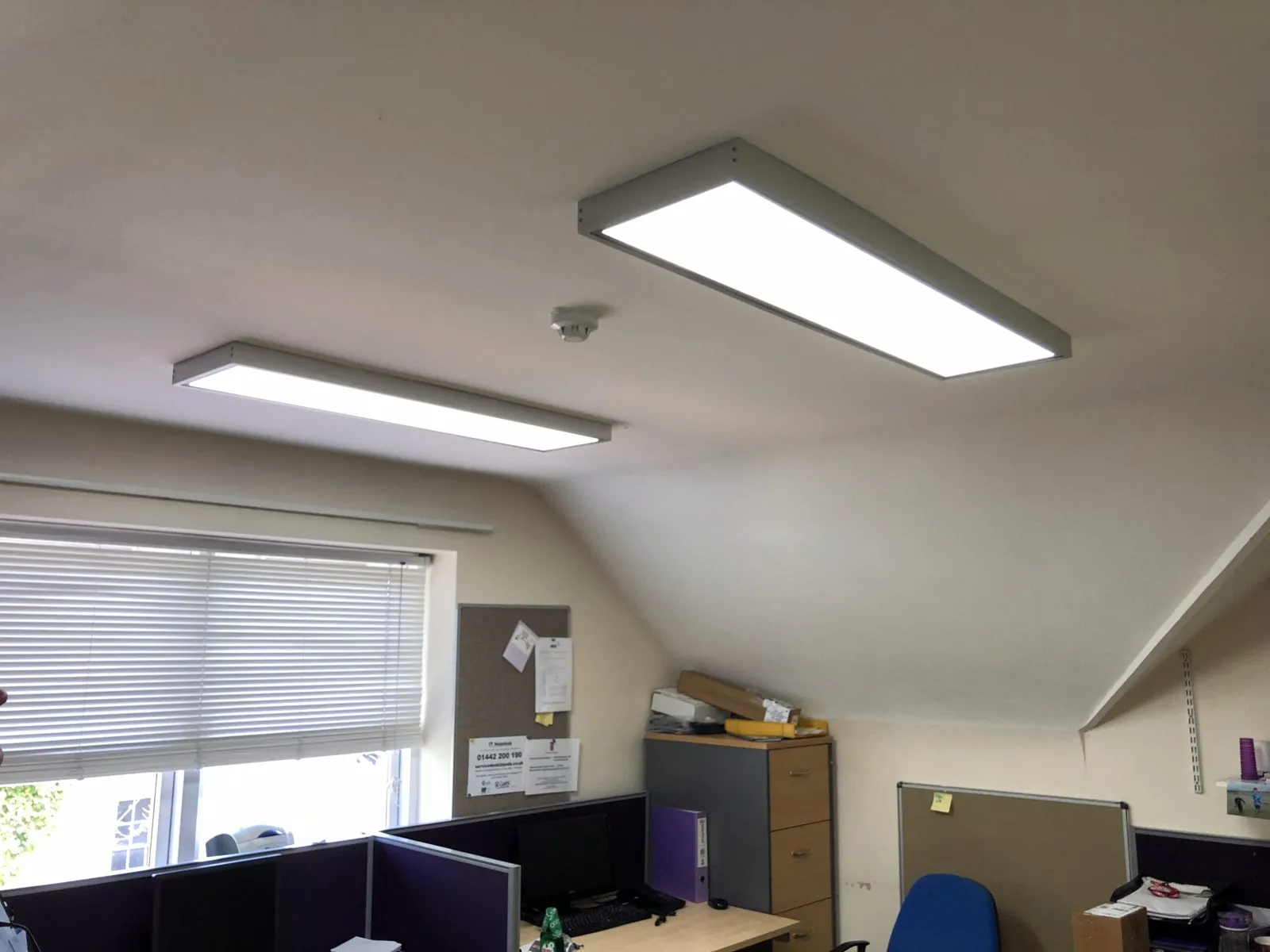 Office ceiling with LED panel lighting installed by Langley Electrical Contractors