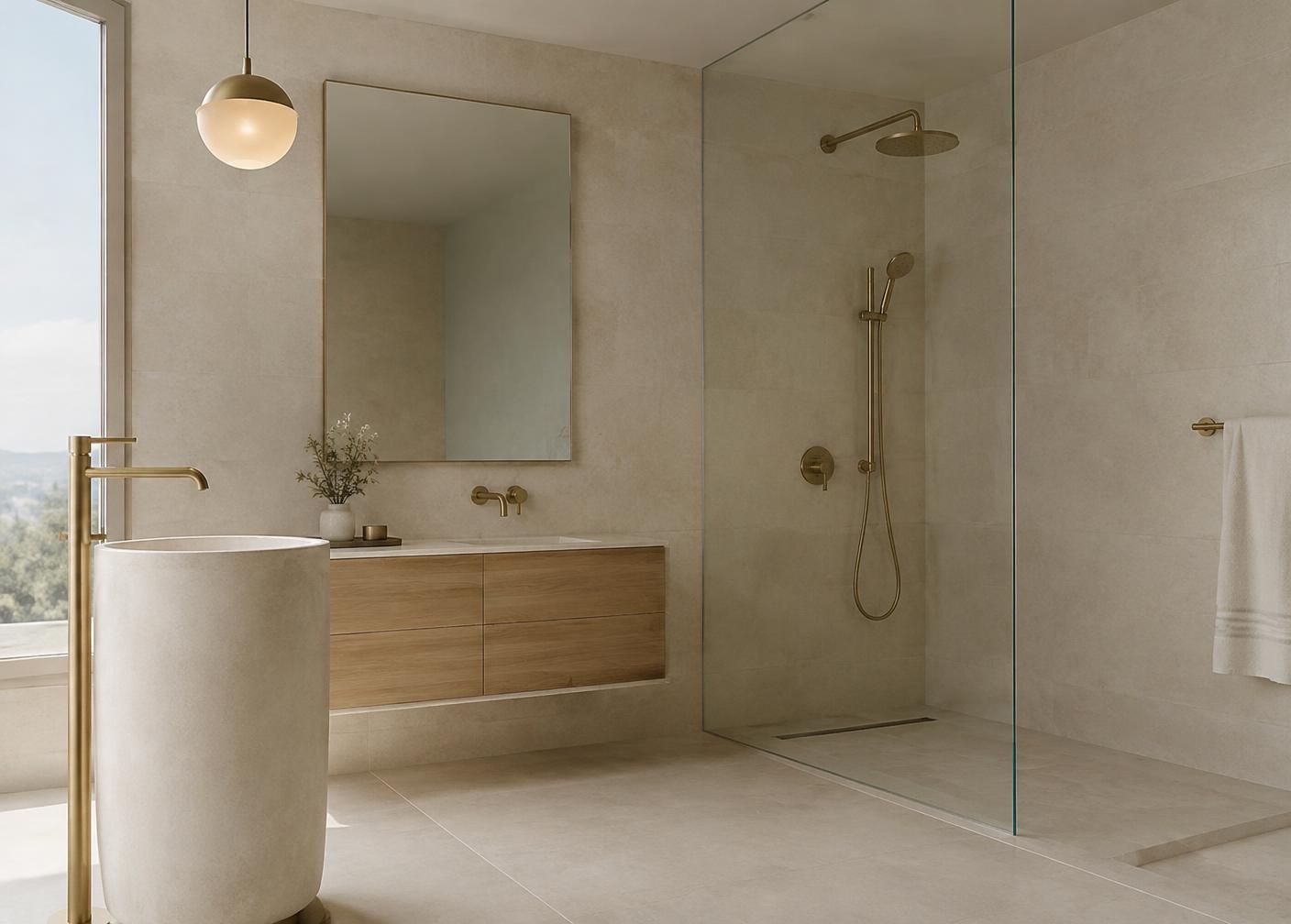 Contemporary bathroom with brushed brass fittings, stone basin and walk-in shower