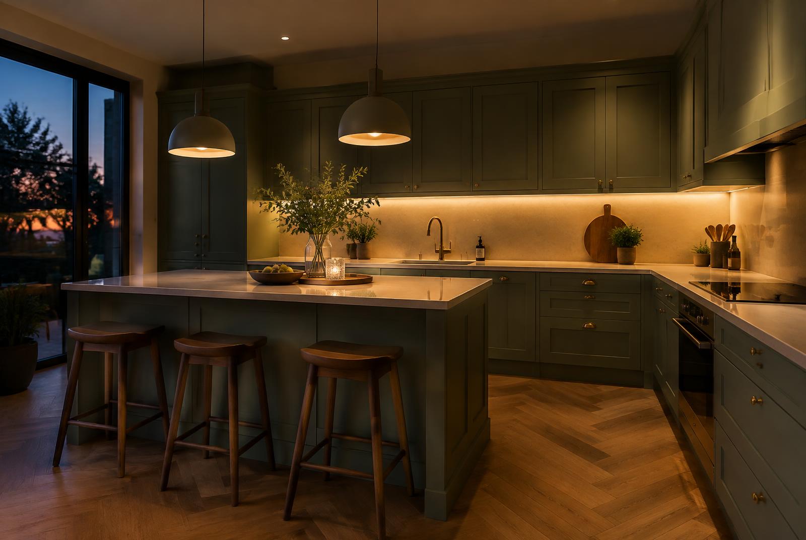 Contemporary sage kitchen at dusk with dimmed pendants and under-cabinet LED lighting
